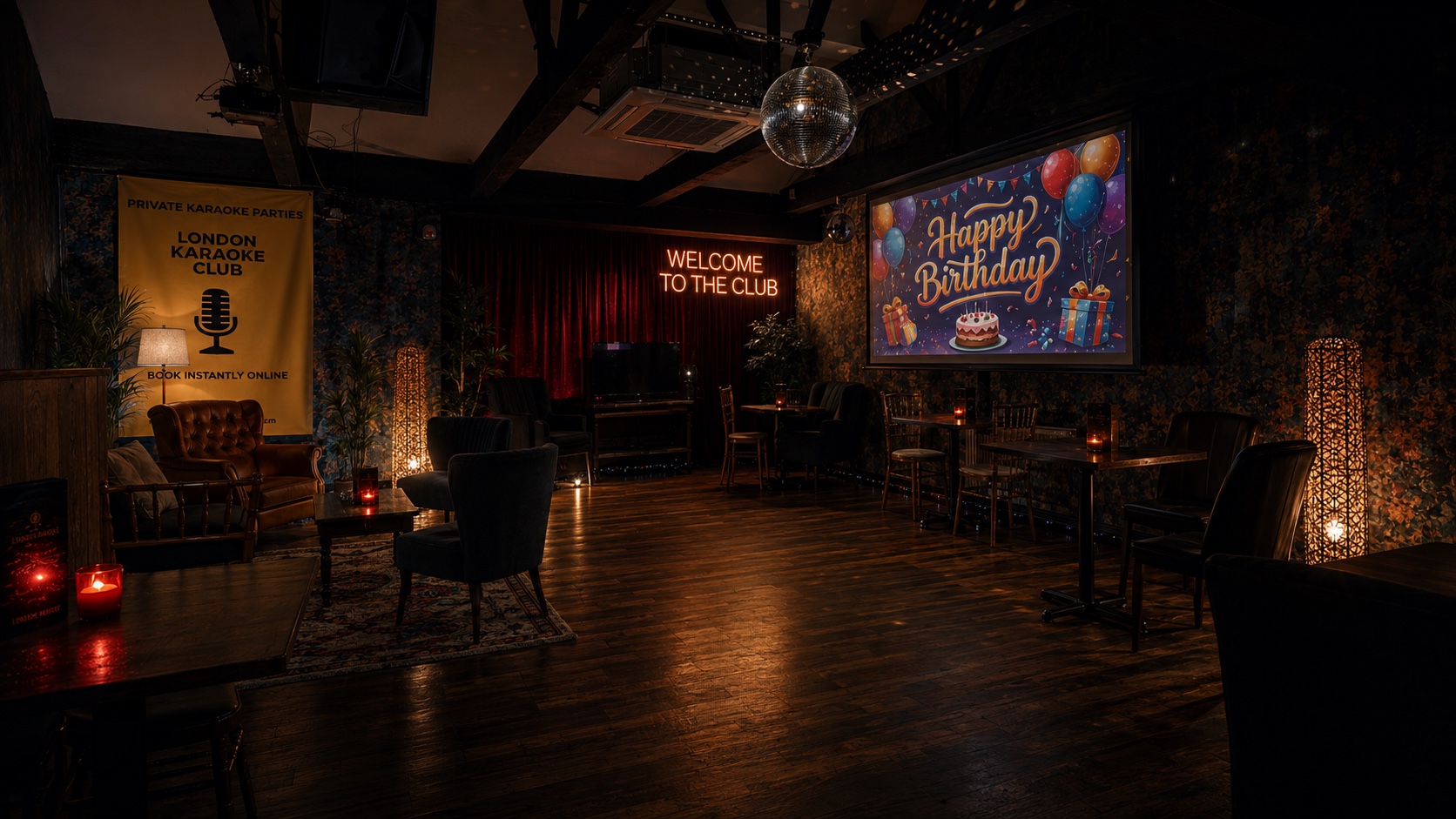 London Karaoke Club private venue with lounge seating, disco ball and birthday screen